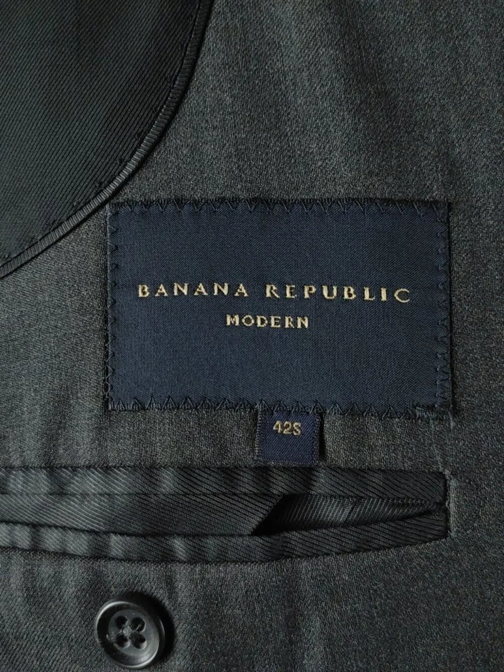 Banana Republic Modern 42S Wool 3 Button Charcoal Gray 2pc Suit 34x36 Flat Front